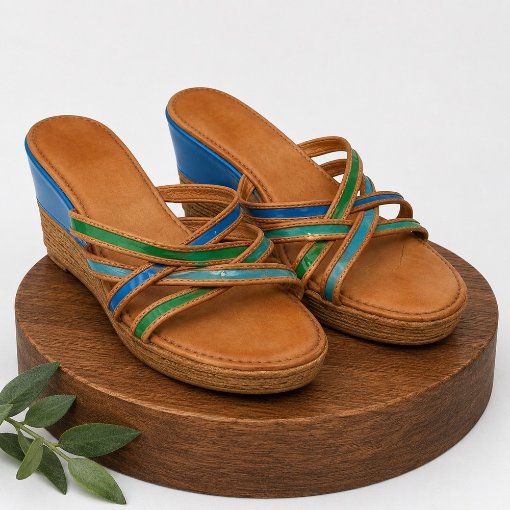 Italian Shoemakers Womens 10 Wedge Sandals Blue Green Tan Multi Strap Made Italy